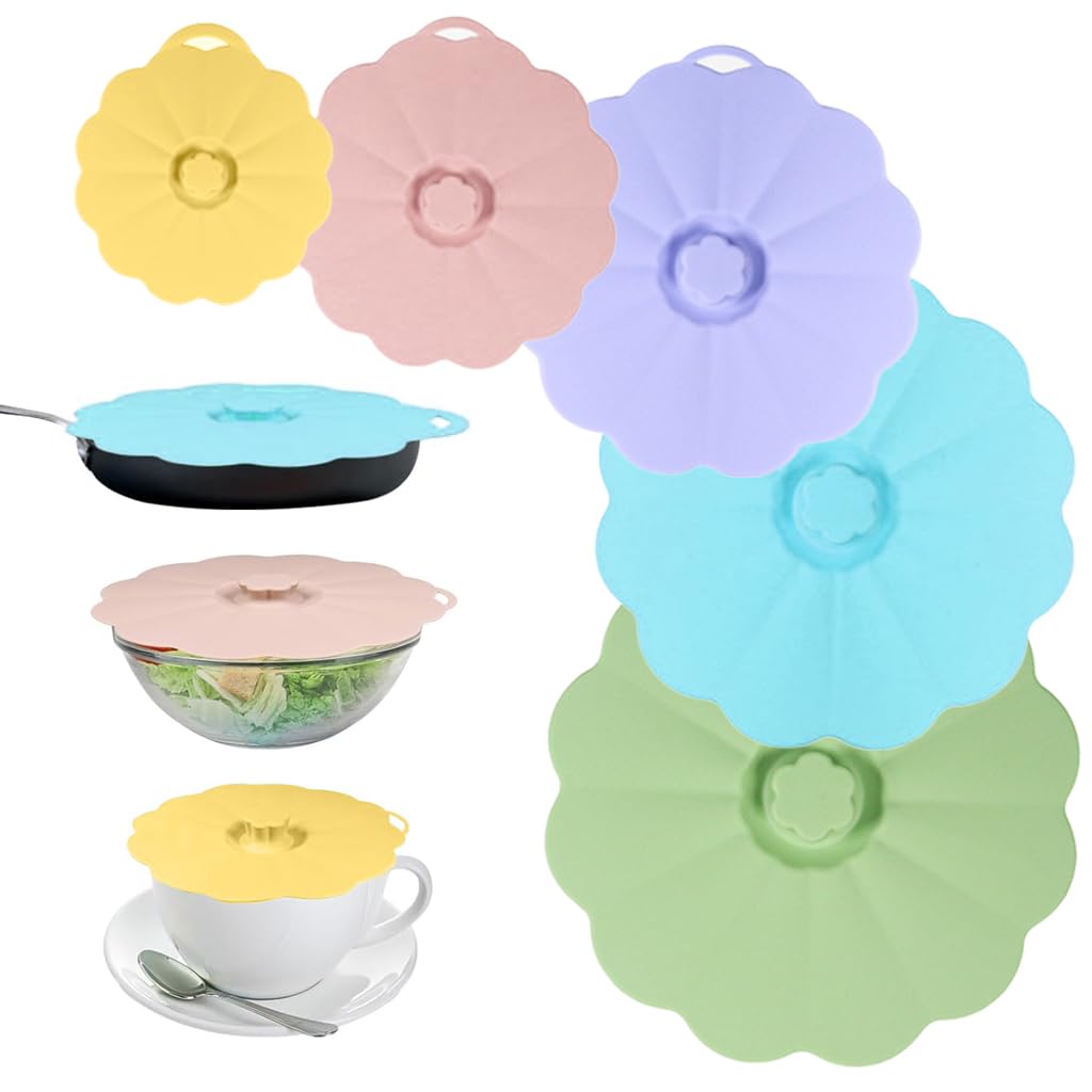 HASTHIP Silicone Lids for Kitchen Containers with 5 Sizes 4–12 in featuring Flower Shape Design