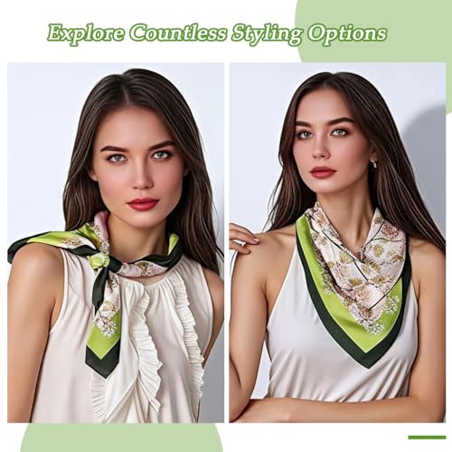 HASTHIP® Pañuelo Grande Cuadrado Mujer 90x90cm, Estampado Vintage Elegante, Bufanda de Pelo Seda Suave, Bandana Ligera Versátil Accesorio de Moda Verde