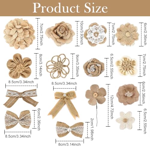 HASTHIP® Set of 20Pcs DIY Jute Burlap Ribbon Roll, Jute Rope for Craft includes 4 Rolls 2m Lace Fabric Ribbons for Gift Wrapping, 50m Hemp Thread, 4Pcs Bows for Decoration, 11Pcs Ribbon Flowers Decor