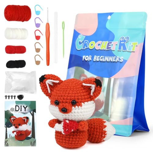 HASTHIP® Zibuyu DIY Crochet Kit Starter, Red Fox Crocheting Kit for Beginners, Complete Set to Make Fox Stuffed Toy, Creative Handmade Gift for Kids and Friends