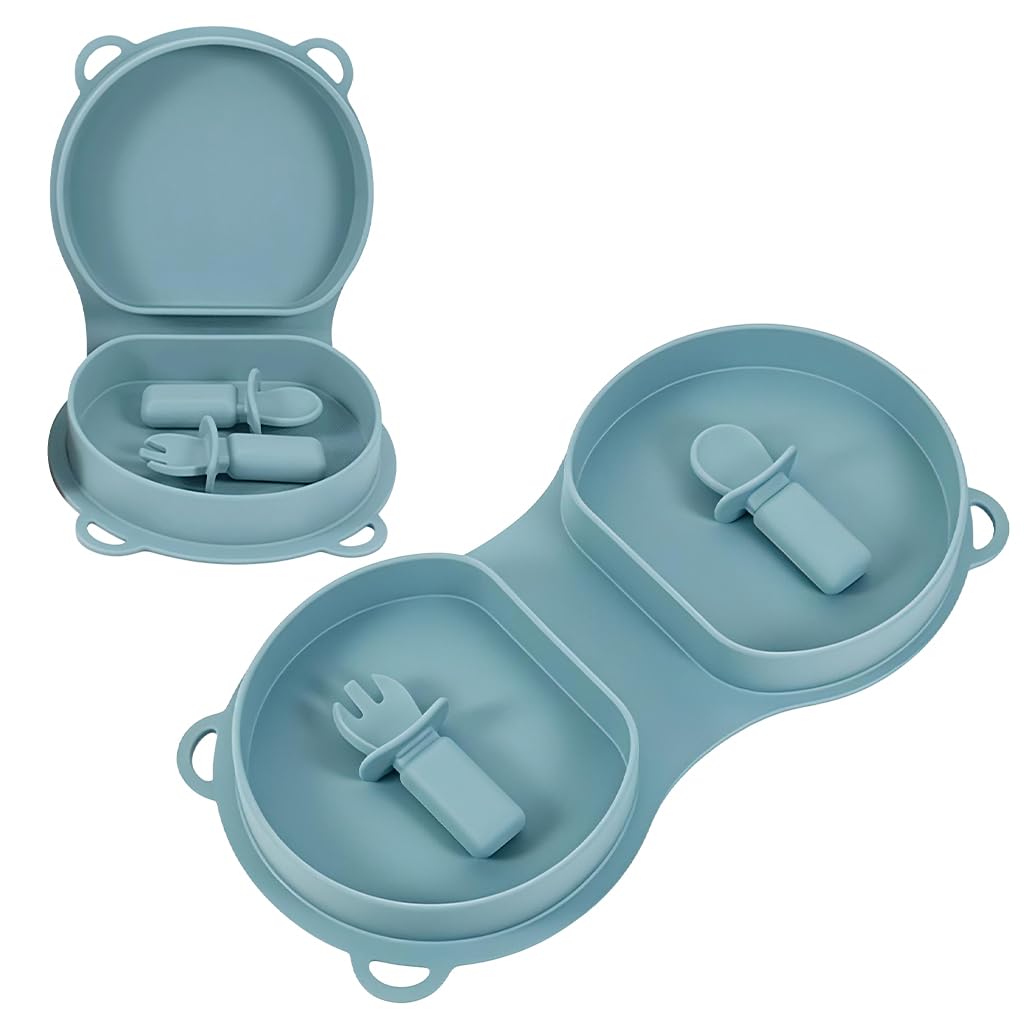HASTHIP® Bowl Food Plate with 2 Forks, Folding Twin Bowl Design, Food Grade Silicone, Heat Resistant BPA Free Safe Silicone Shallow Bowl for Snack, Sliced Fruit & More