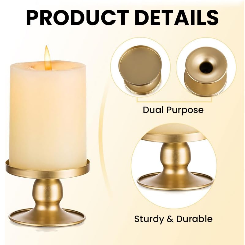 HASTHIP Candle Holder Stand for Dining Table Decoration with 2Pcs Metal Golden Pillars | Minimalist Tealight and Taper Design