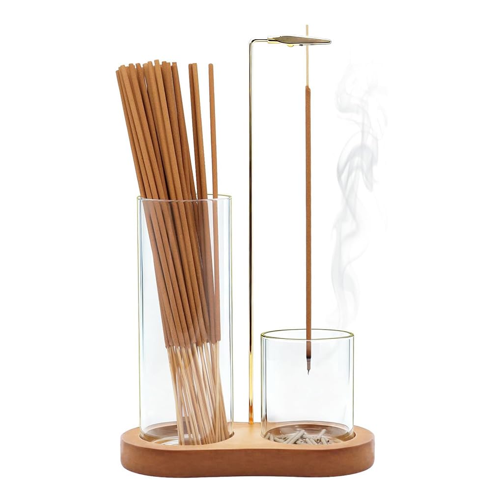HASTHIP® Stick Incense Burner Vertical Incense Burner with Clamp & Glass Storage, Glass Ash Catcher with Metal Stick Incense Clip, Modern Wood Base Incense Burner for Meditation, Yoga, Reading