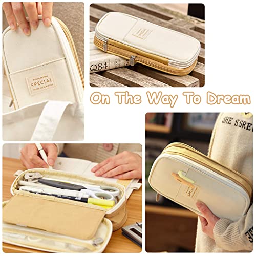 HASTHIP® Nylon Large Capacity Pencil Case Durable Storage Multiple Compartment Double Zipper Portable Pouch for College Student Teen 22X11Cm Khaki Black 2PCS