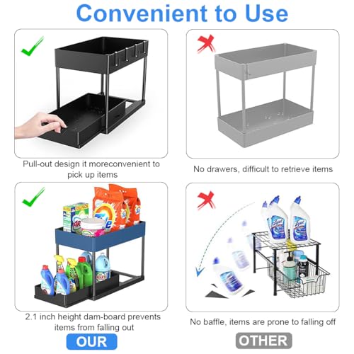 HASTHIP® BrandName 2-Tier Standing Rack Countertop Organizer with Hanging Tableware Holder, Under Sink Utensil Storage Shelf, Spice Rack with Hooks for Kitchen