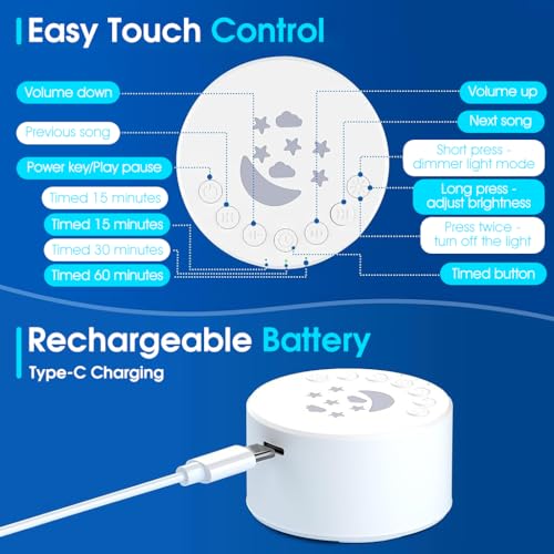 HASTHIP® White Noise Machine, White Noise Machine For Baby Adults Kids, with 7 Color Night Light, with 18 Soothing Melodies, Auto Off Timer Design, USB Cordless Rechargeable White Noise Sound Machine