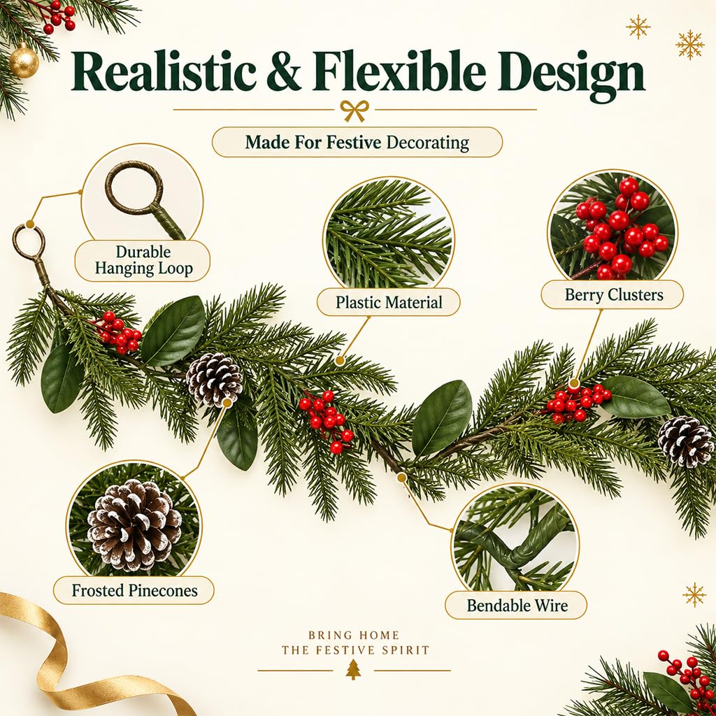 HASTHIP 3.2-Foot Artificial Christmas Garland with Red Berries, Pinecones and Bendable Wire Stem