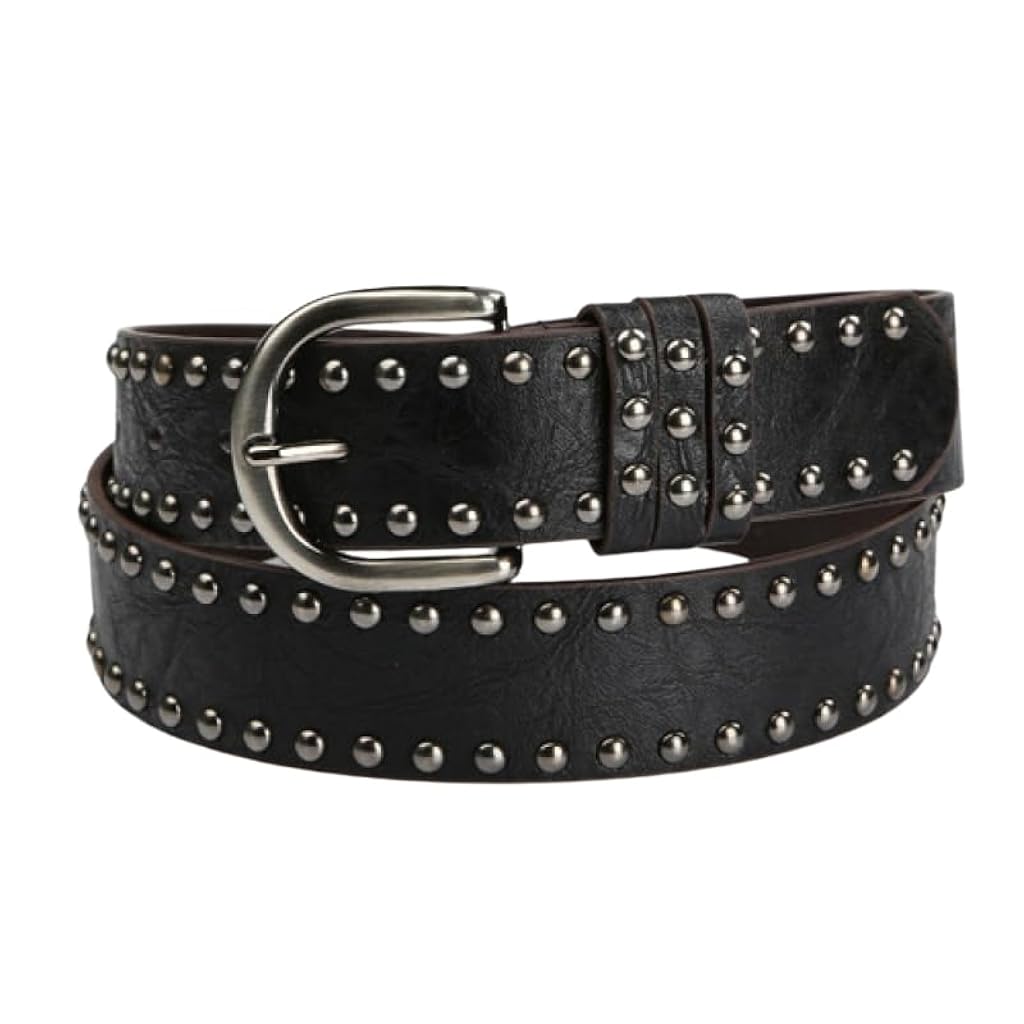 HASTHIP® Cinturón de Cuero para Mujer con Tachuelas y Hebilla Plateada, Cinturón Ajustable de Moda para Jeans, Pantalones y Vestidos - Negro