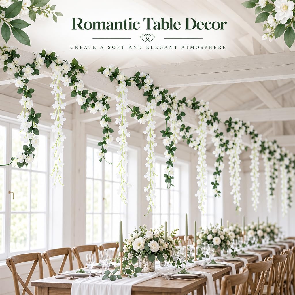 HASTHIP White Artificial Wisteria Garland, 2,5 m with 10 Silk Flower Strands for Wedding Decor