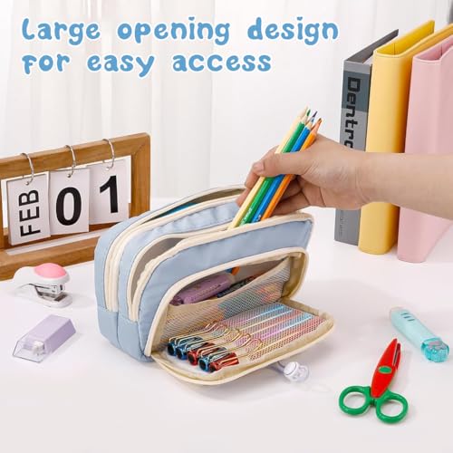 HASTHIP® Partideal Large Capacity Pencil Case with 4 Compartments, Aesthetic School Pencil Pouch for Girls Teenagers, Cute Zipper Pen Organizer for Office, Blue