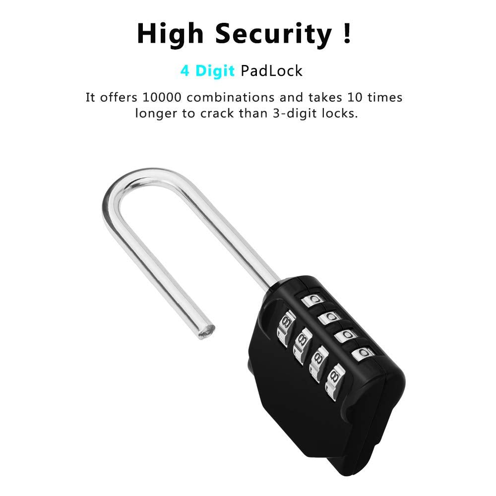 Luggage Lock 4 Digit Combination Lock,Long Shackle Padlock and Outdoor Waterproof Resettable Padlock Heavy Duty Long Padlock for Lockers, Outdoor Fence, Shed,Garage (Black)