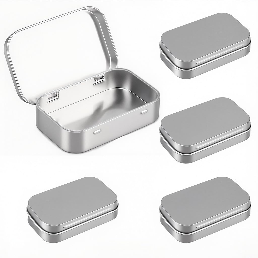 HASTHIP Small Tin Box for Storage with Hinged Lid 4 Pcs 31g Silver Aluminium | 95x60x20mm