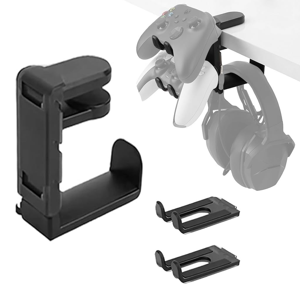 HASTHIP® 3-in-1 PC Gaming Headphone Stand & Controller Holder,Adjustable Headset Holder with Rotating Arm,2 Controller Mounts Cable Organizer Universal Desktop Headset for Xbox PS5 Switch Gaming