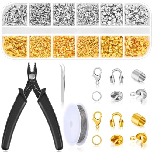 HASTHIP® 1200Pcs Jewelry Making Kit,Includes Gold & Silver Crimp Beads,Bracelet Clasps Crimp Covers Tubes Jump Rings Pliers Tweezers & Beading Wire for DIY Necklace and Bracelet Crafts