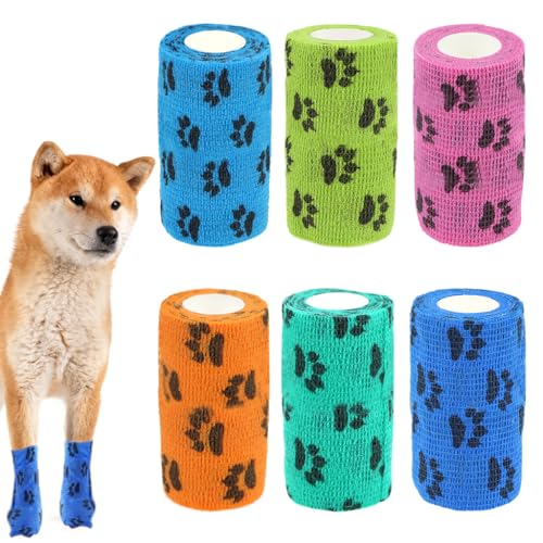 HASTHIP® 6Pcs Pet Bandage Wrap for Dogs and Cats, Self Adhesive Non-Woven Elastic Paw Print Bandages, Breathable Lick Proof Recovery Tape for Pet Wounds (10x5.4cm, Total 4.5M)