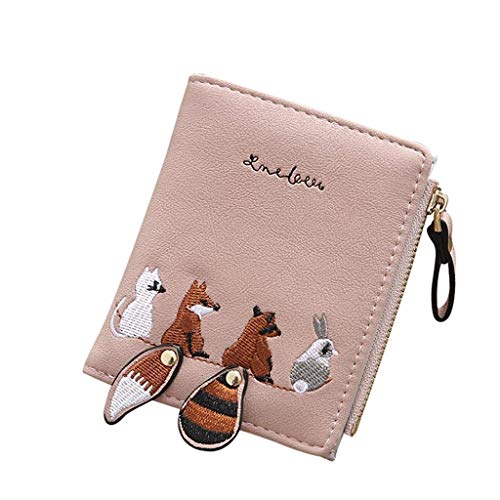 HASTHIP® Wallets for Women Stylish PU Leather Coins Zipper Pocket Cute Mini Animals Embroidery Short Wallet Card Holder Billfold Purse Wallet Gift for Girls (Pink)