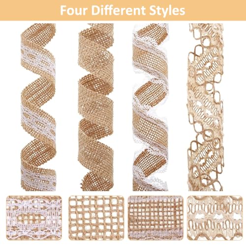 HASTHIP® 4 Rolls 13.12ft Jute Rope Burlap Ribbon Lace + 32.8ft Hemp Rope, Jute Rope for Craft Ribbons for Gift Wrapping, Event & Wedding Decorations, Gift Packing Materials Natural Fabric Roll Craft