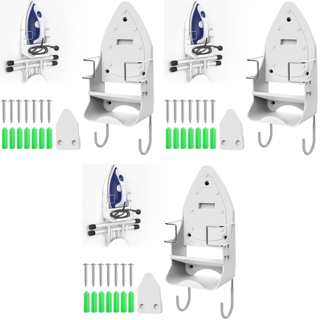 HASTHIP Wall Mount Iron Board Hanger for Laundry Room with Removable Hooks | 3 PCS Plastic and Metal Organizer