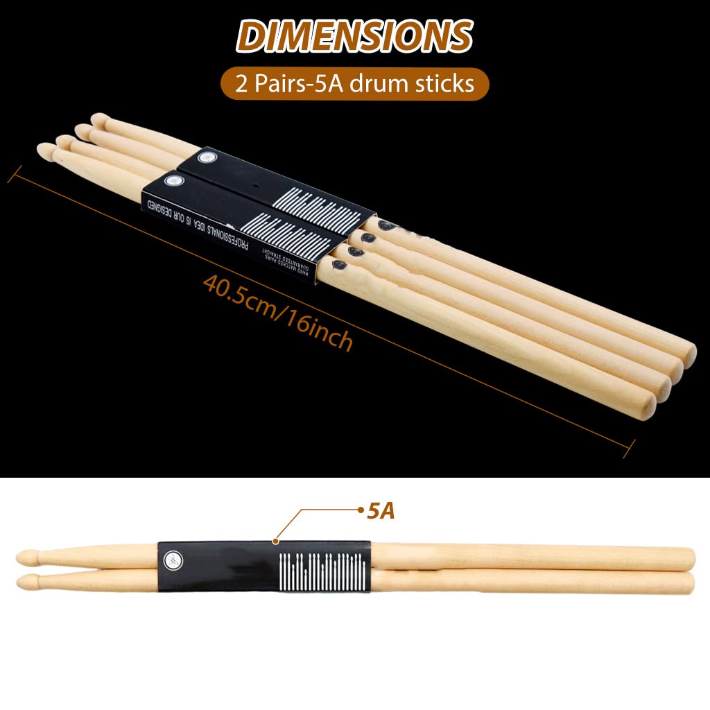 HASTHIP 5A Drum Sticks Set for Adults and Youth with Oval Wood Tip 2 Pair 16 in Maple