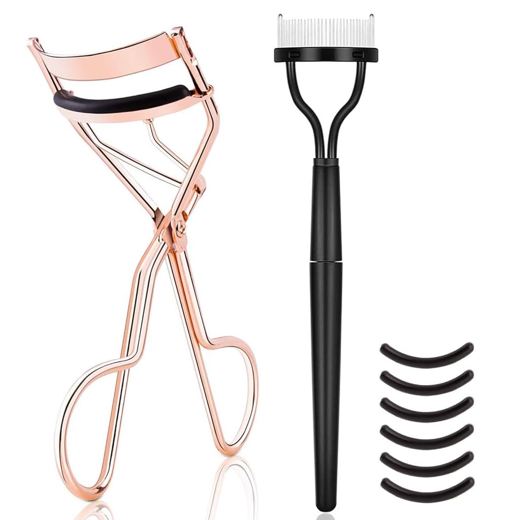 HASTHIP® Rizador de Pestañas 16 en 1 para Mujeres,Set de Rizador Pestañas Acero Inoxidable con Peine Separador Plegable y 6 Almohadillas Goma Repuesto,Herramienta Maquillaje