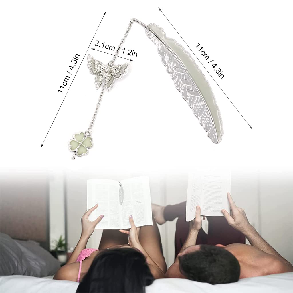 HASTHIP Metal Feather Bookmark for Books with Glow in the Dark 3D Butterfly | 3PCS Silver Set