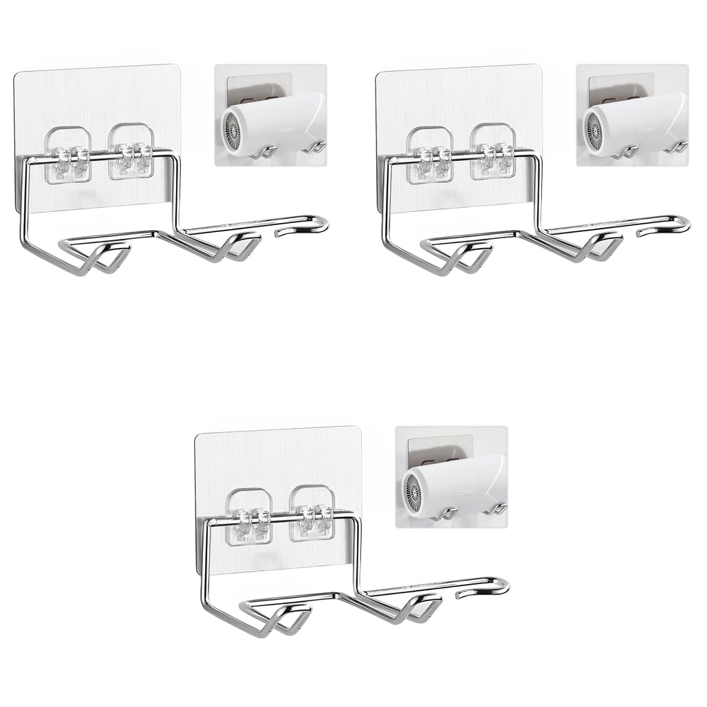 HASTHIP Hair Dryer Holder for Bathroom Wall with Plug Slot and Waterproof 3PCS Rack | Silver Organizer
