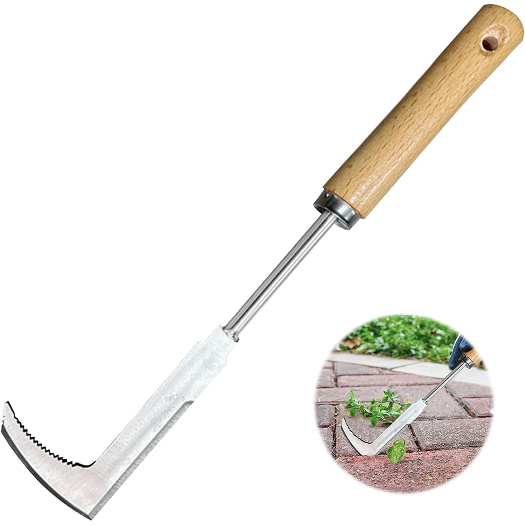 Gardening Hand Weeder 11.8'' Stainless Steel Weeder Utility Pointy Crack Weeder Tool Wooden Handle Sickle-shaped Serrated Blade Weeder Tool Gardening Tool Cracker Cleaning Tool