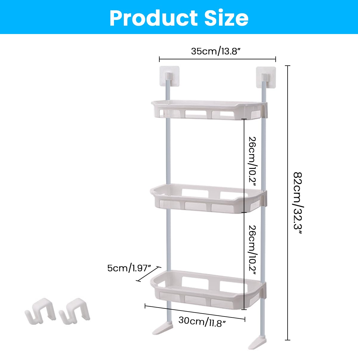 HASTHIP Bathroom Organizer for Over Toilet Storage with No Drill Adhesive Setup | 3 Tier 34x87cm PP Rack