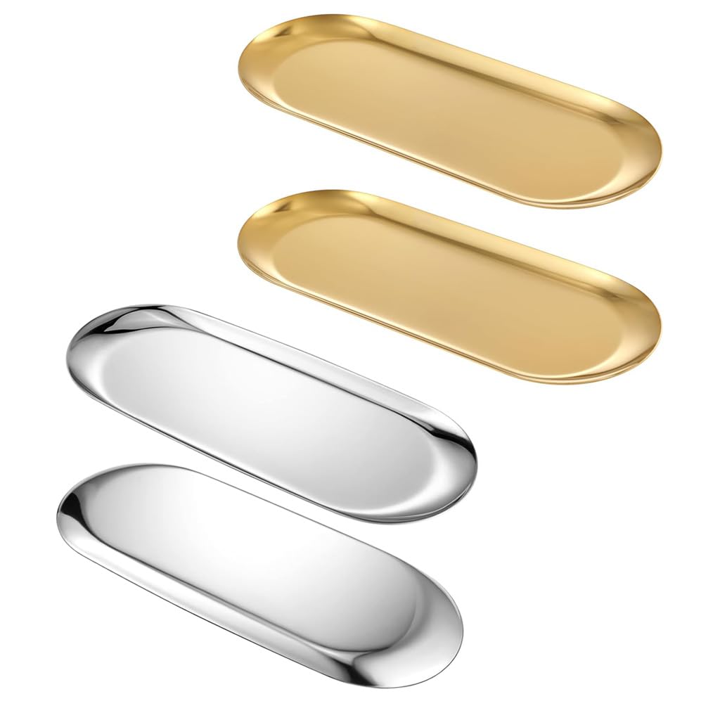 HASTHIP Vanity Trays Set for Bathroom and Jewelry with 2Pcs Golden Stainless Steel | Stylish Home Organizer
