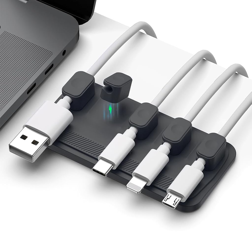 HASTHIP® Organizador de Cables Magnético,Soporte de Clips para Cable USB-C/Lightning/HDMI,5 Piezas Adhesivas para Escritorio Mesita Noche y Oficina