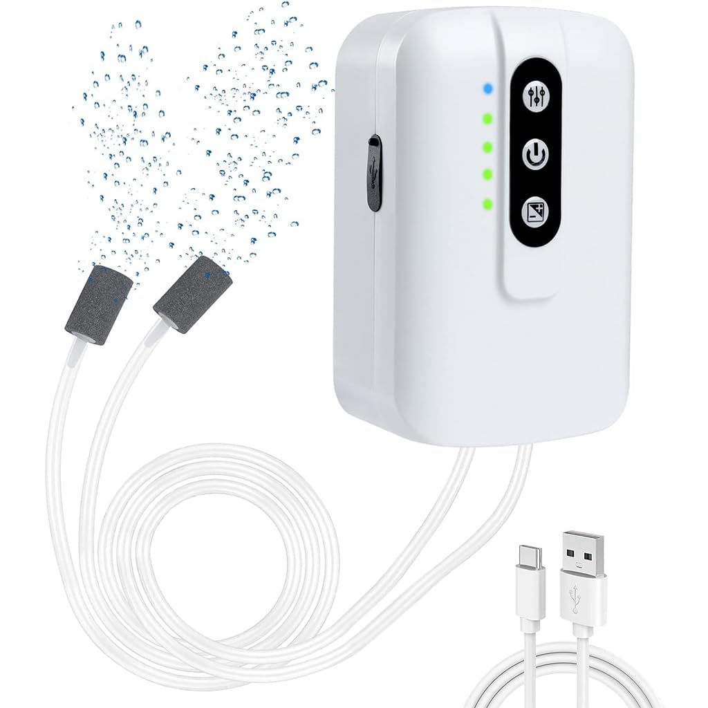 HASTHIP Aquarium Air Pump for Fish Tank featuring Dual Pipes and Air Stones 6L/min | USB Rechargeable