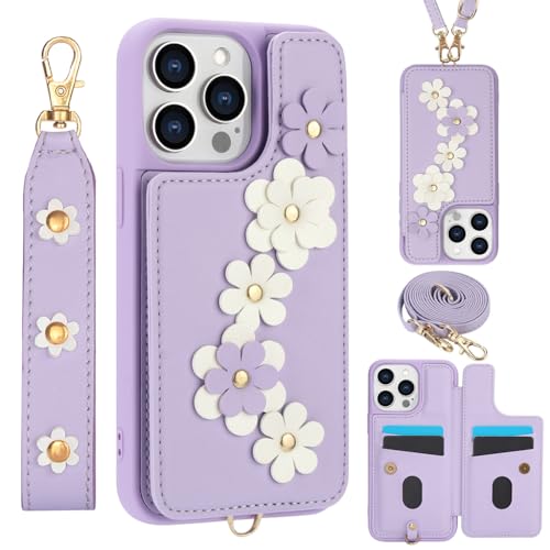 HASTHIP® for iPhone 16 Pro Max Case, Wallet with Card Holder, Cute Flower Design Crossbody Phone Purse for Women, PU Leather Magnetic Kickstand Shockproof Cover with Wrist Strap Phone Case 6.9"