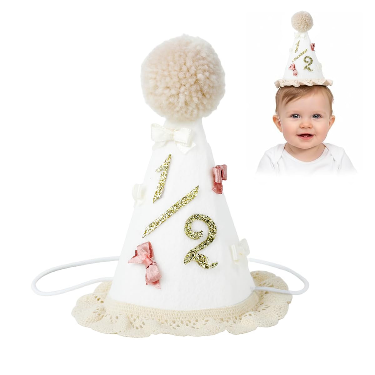 HASTHIP® 1/2 Birthday Party Hat for Baby, Half Birthday Felt Crown with Pom Pom & Lace Trim, Soft Baby-Safe 6 Month Milestone Hat with Elastic Chin Strap for Photoshoot & Celebration.