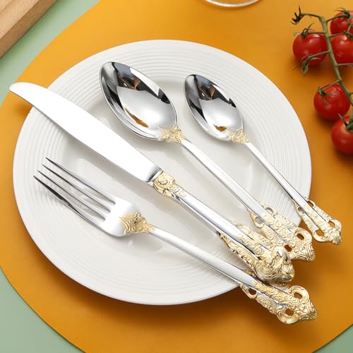 HASTHIP® 4-Piece Stainless Steel Flatware Set, Gold Embossed Handle Design, Includes Table Spoon, Dessert Fork, Kitchen Knife, Elegant Cutlery Gift Set for Home, Dining, and Special Occasions