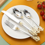 HASTHIP® 4-Piece Stainless Steel Flatware Set, Gold Embossed Handle Design, Includes Table Spoon, Dessert Fork, Kitchen Knife, Elegant Cutlery Gift Set for Home, Dining, and Special Occasions