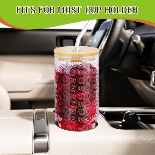 HASTHIP® 4 Pack Drinking Glasses with Wooden Lids & Bent Straws 11Oz Drinking Glasses Vintage Textured Clear Glasses Coffee Cup Drinks Cocktail Glasses Home Gift