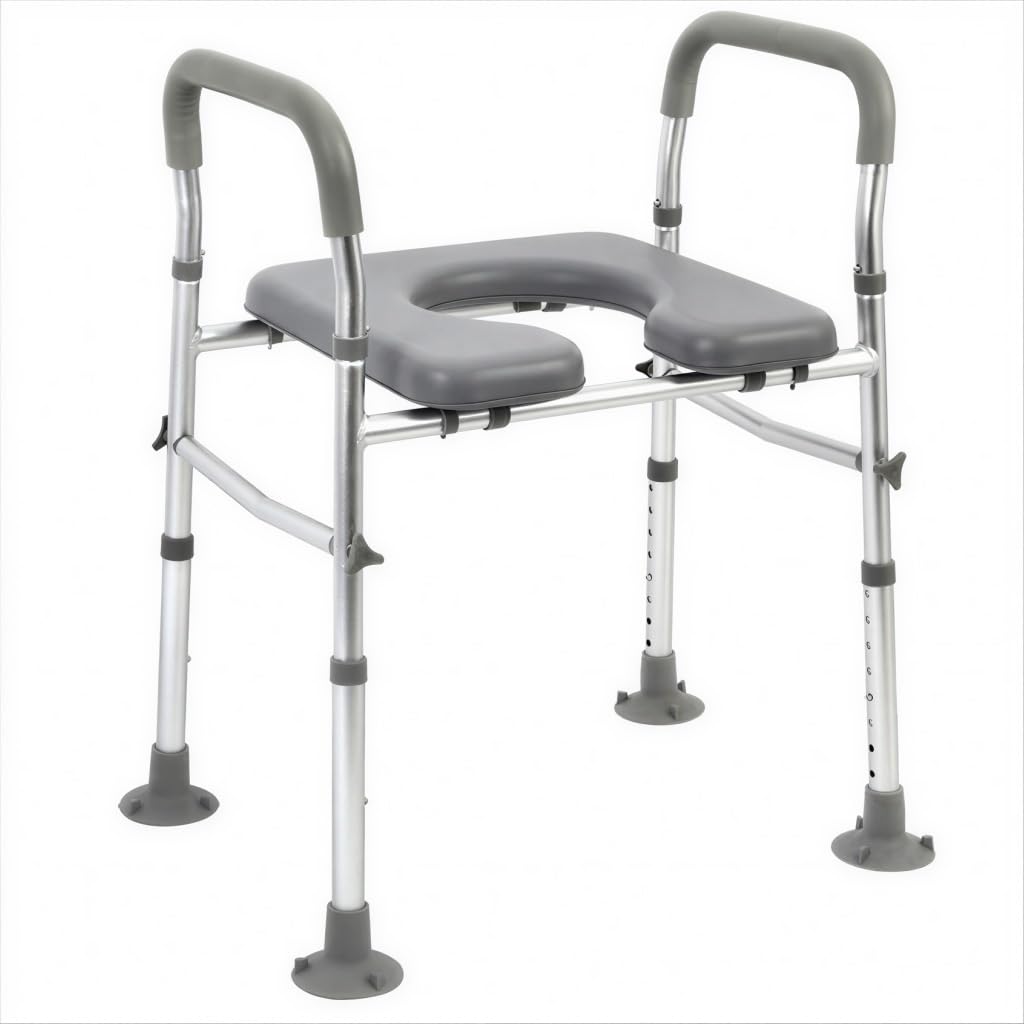 HASTHIP® Toilet Seat Riser with Handrail, Aluminum Alloy Toilet Seat with Anti-slip Suction Cup Feet & Waterproof PU Padded Seat, Adjustable Height & Width, Universal Toilet Seat Riser for Seniors