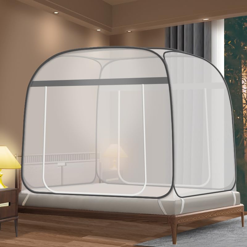 HASTHIP® Pop-up Mosquito Net Tent for Bed Framed Dual Zip-up Door Topped Mosquito Net Tent with Matress Straps Foldable Mosquito Net Tent Universal Mosquito Net Tent, 4.92x6.5ft Bed