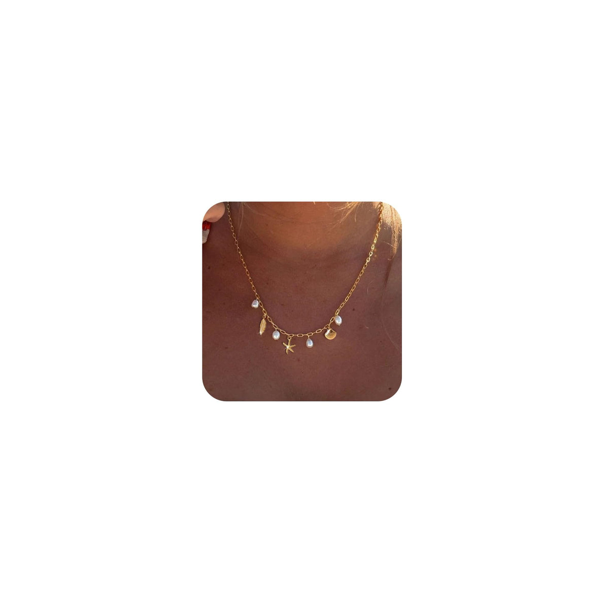 HASTHIP® Collar para Mujer Acero Inoxidable Dorado con Concha, Estrella de Mar y Perlas, Joyería de Playa Ajustable, Estilo Verano, Regalo Elegante para Vacaciones y Uso Diario