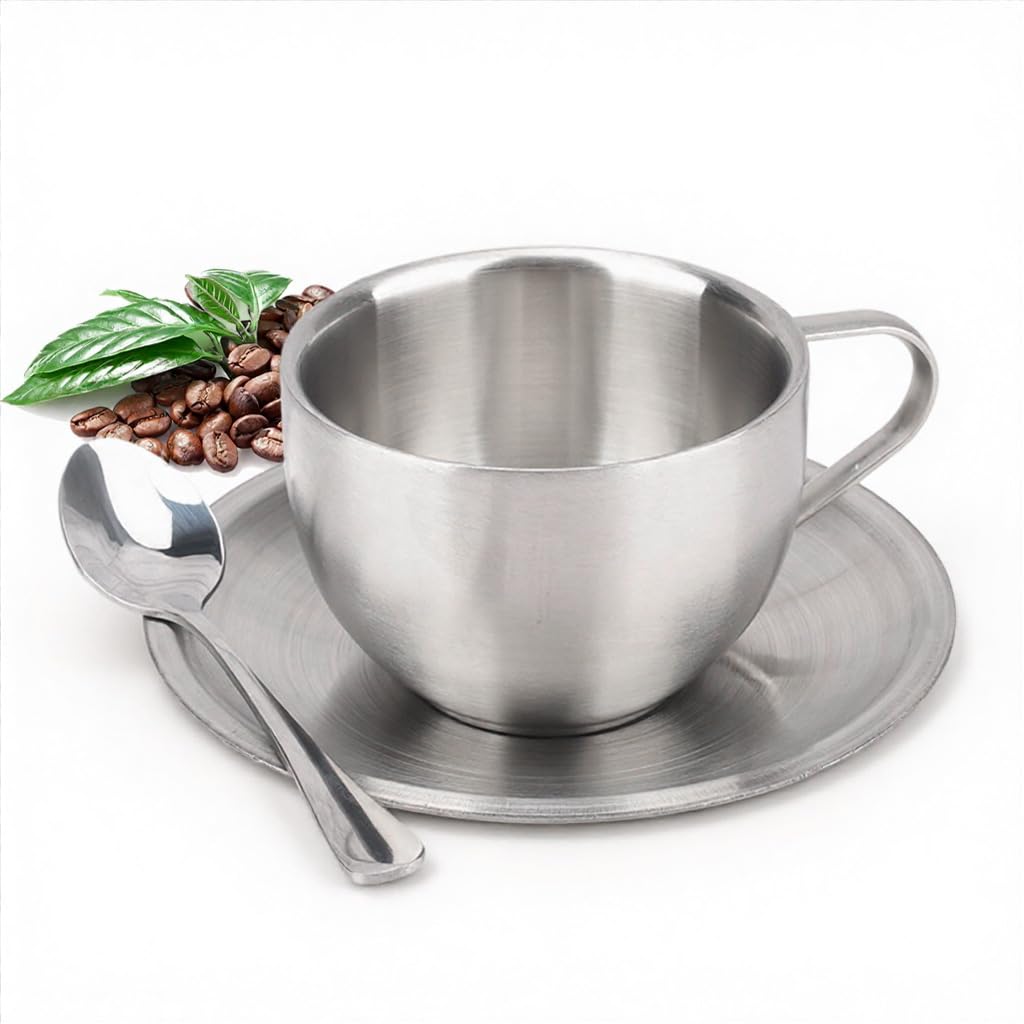 HASTHIP® Stainless Steel Coffee Cup Set, 6oz/180ml Double Wall Insulated Espresso Mugs with Saucer and Spoon, Durable Reusable Coffee Cups for Latte Cappuccino Milk Tea, Dishwasher Safe Silver