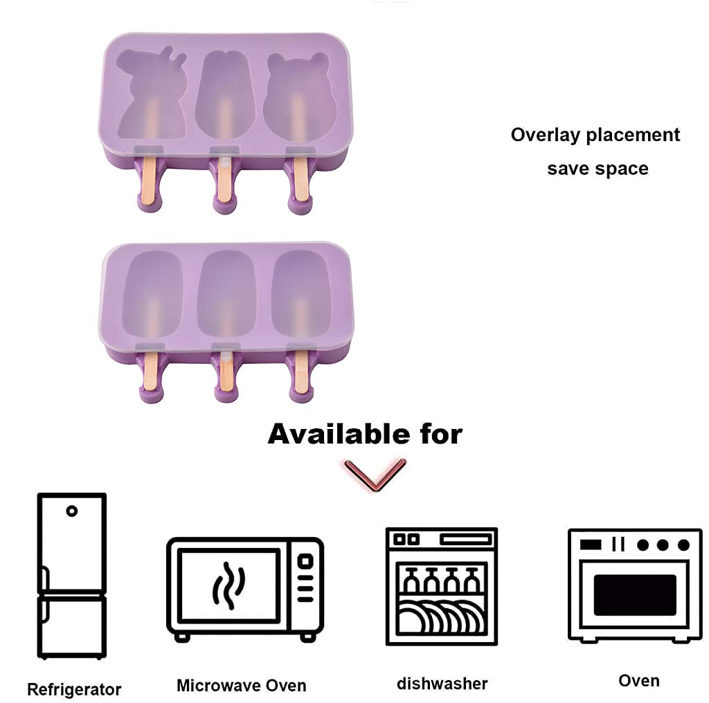 Cartoon kulfi Ice Cream Mold, Popsicle Mould Silicone, 2 Pieces in 6 Slots, with 100 Wooden Sticks, Reusable, Ice Cream Popsicle Maker, Easy Release