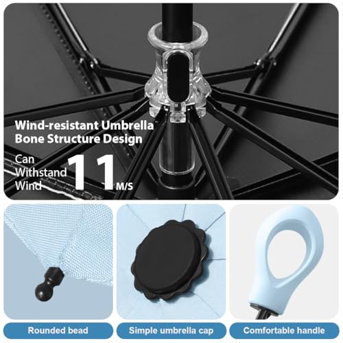 HASTHIP® UPF 50+ Travel Umbrella Compact Folding Windproof Lightweight Sun & Rain Protection Black Coated Liner Fiberglass Ribs Portable Fashion Mini Parasol with Rubberized Loop Handle, Blue