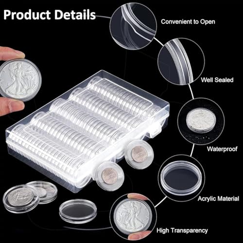 HASTHIP® Coin Box Coin Collection Storage Organizer, Holds 100 Coins, Clear Plastic Holder Case Compatible with 17-30mm Coins, Tokens, Collecting Supplies, Capsule Container Display Storage