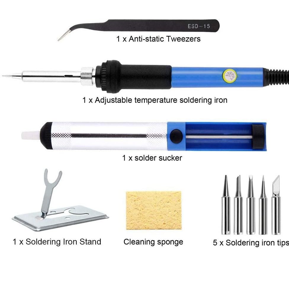 Soldering Iron Kit with Adjustable Temperature Welding Iron, 60W 110V Soldering Machine Solder Soldering Iron with 5pcs Tips, Stand, Tweezers, Sponge, Flux Pen, Solder Wire