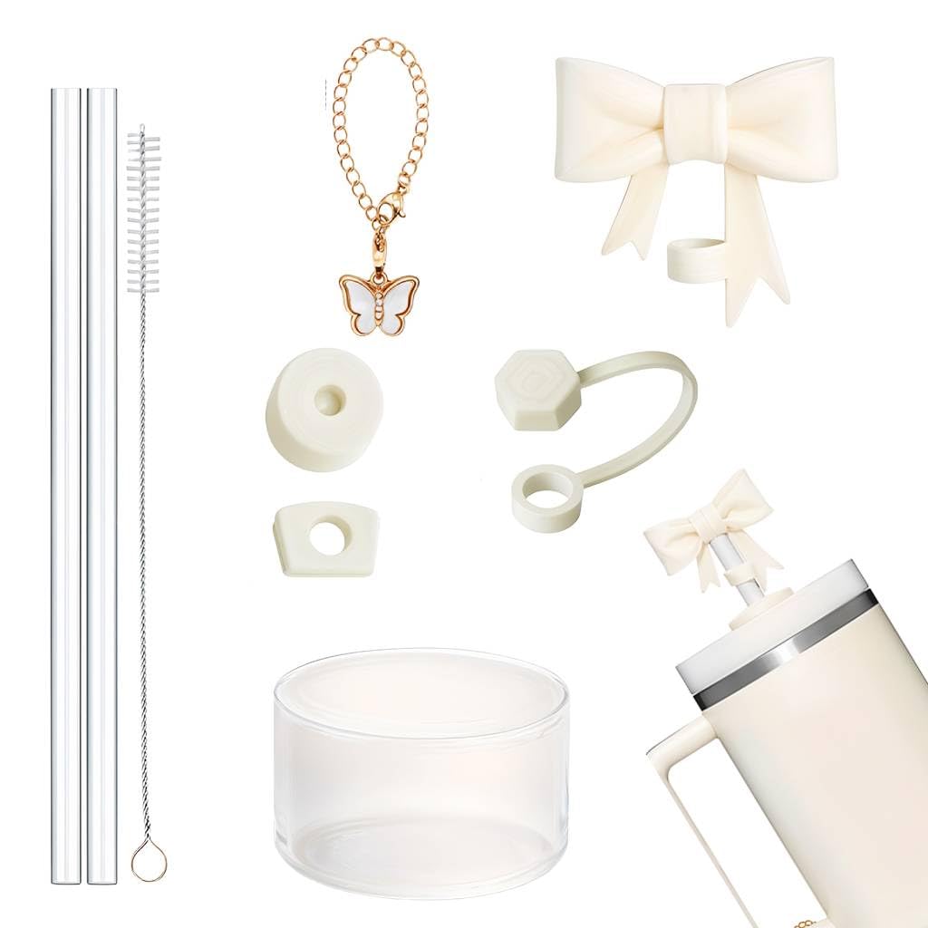 HASTHIP Stanley Cup Accessories Kit with 9 Pcs Charm Set and Butterfly Handle Chain | Includes Straws Brush and Bottom Sleeve