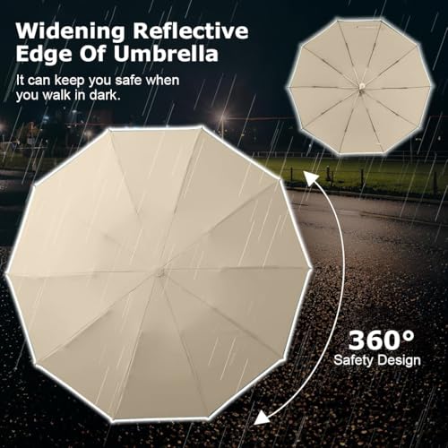 HASTHIP® 3 Fold Umbrella for Rain with Reflective Strip, Compact Travel Umbrella Auto One-Touch Open/Close, Reinforced 10 Dual Ribs, Sun Protection 99% UV & Rain & Windproof for Men Women (Khaki)