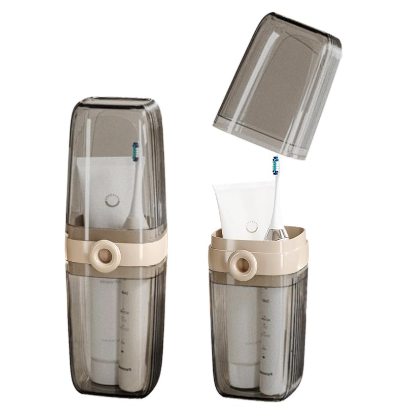 HASTHIP Toothbrush Travel Case for Trips and Camping with 2 in 1 Cup Design | Beige and Clear