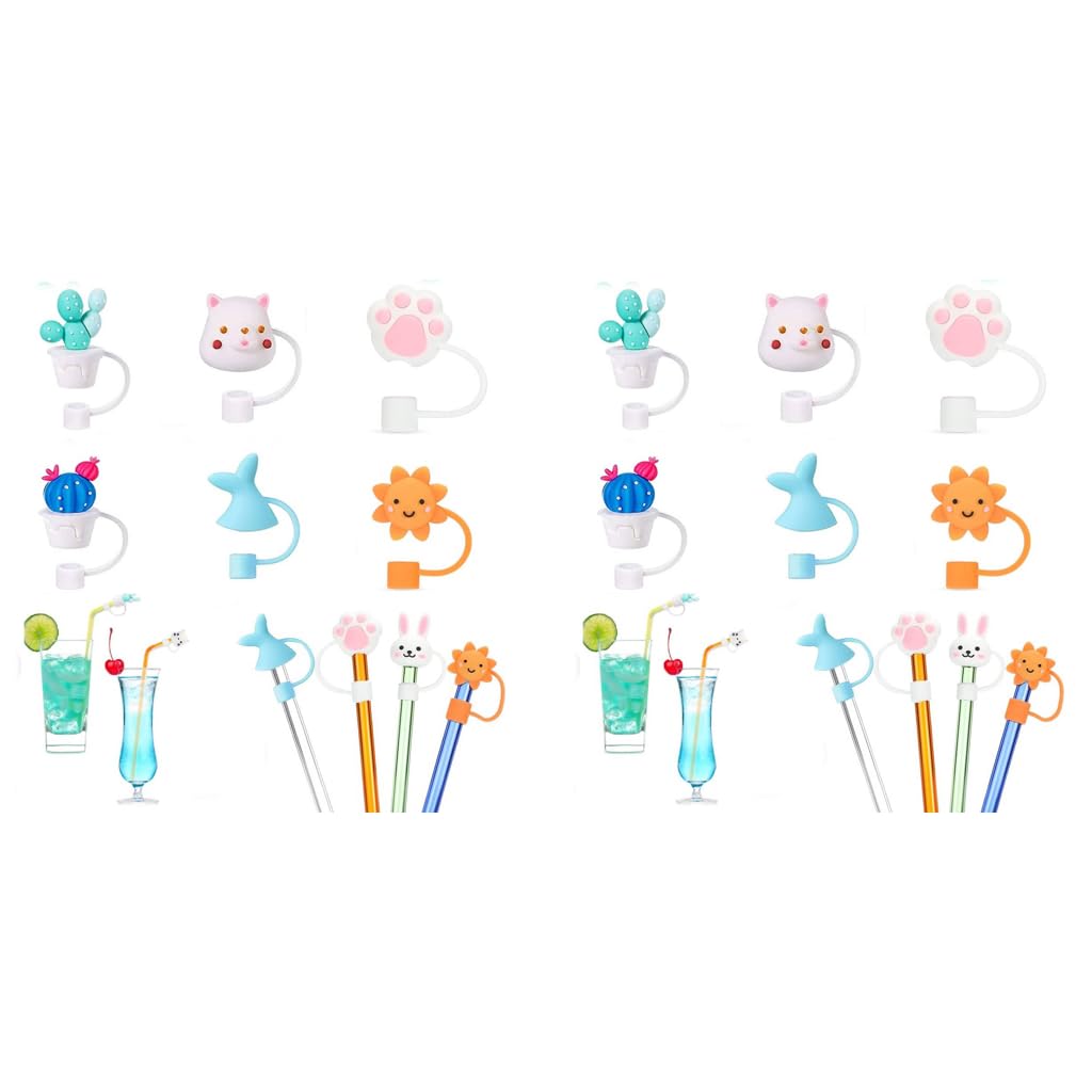 HASTHIP Silicone Straw Tips Cap Lids 12pcs for 6–8 mm Straws with Cute Anti Dust Covers | Reusable Drinking Straw Toppers for Kids