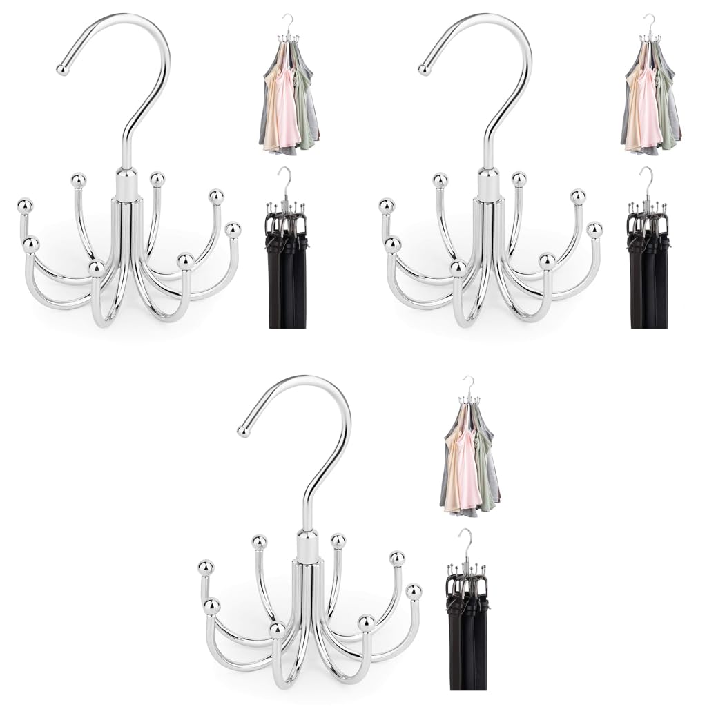 HASTHIP Rotatable Tie Organizer for Closet Storage with 8 Hooks | Space Saving 3PCS Set