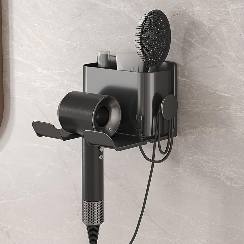 HASTHIP® Bathroom Organizer No Drill Wall Mount Hair Dryer Organizer Rack with Dual Compartment Storage & Cable Management, Wall Organizer Holder for Hair Styling Tool, Accessories